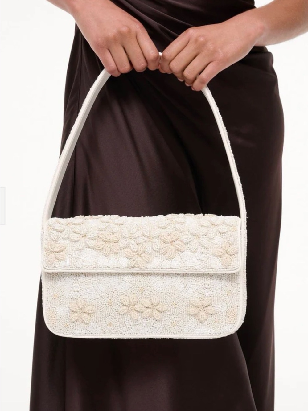 STAUD Tommy White Beaded Floral Shoulder Bag